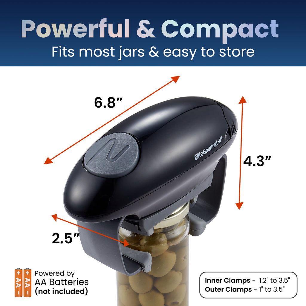 Powerful & Compact.  Fits most jars & easy to store.  Powered by AA Batteries (not included).  6.8" x 2.5" x 4.3"  (Inner Clamps - 1.2" to 3.5") (Outer Clamps 1" to 3.5")