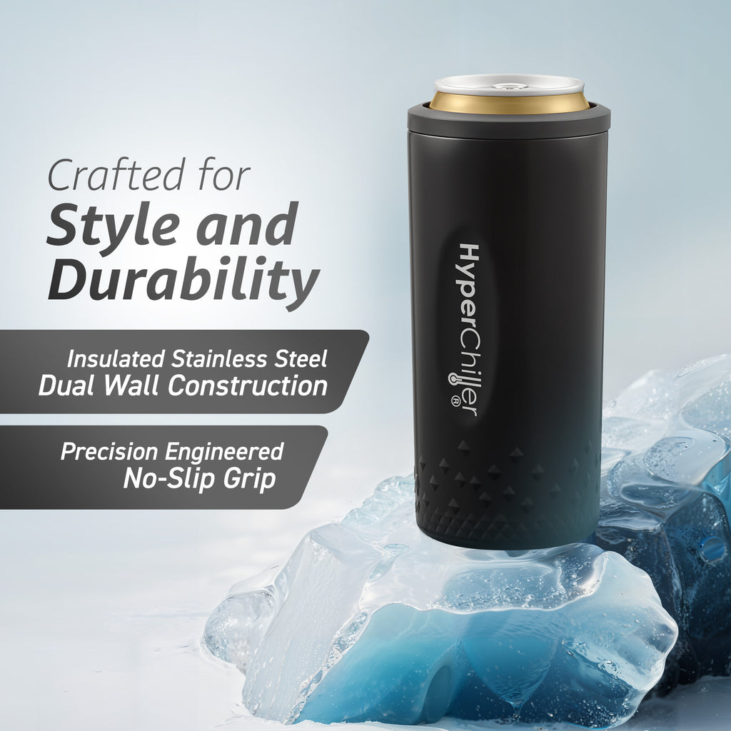 HyperChiller Dual Wall Vacuum Insulated, Slim Can Cooler (Black)