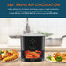 360° RAPID AIR CIRCULATION Highly efficient air circulation technology creates a rapid combination of air and heat that fries your favorite foods using virtually NO OIL and REDUCING FAT while increasing CRISPINESS!  Air fryer display with air circulation graphics next to various fried foods.