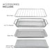 ACCESSORIES INCLUDE: Wire Rack, Air Fry Basket, Bake Pan, Removable Crumb Tray.