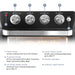 1. Timer Knob set the cooking time up to 120 minutes. 2. Function Knob Air Fry, Convection Broil, Broil, Covection Toast, Convection Bake, Bake 3. Air Fryer Temp. Knob set the air fryer cooking temperature up to 400.°F. 4. Oven Temp. Knob set the oven cooking temperature up to 400.°F. 5. Power Indicator 6. Interior Light Switch. Showing control knobs of air fryer oven.