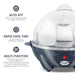 Auto-Off. Never worry about leaving your eggs unattended. Rapid Cooke Time. Cooks faster than traditional methods. Multi-Function, cooks your eggs hard or soft, scrambled or omelet-style. Boiled of poached, it's your choice! Even steam vegetables and other foods.