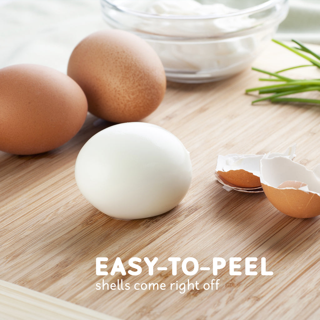 Peeled eggs on the table. EASY-TO-PEEL shells come right off.