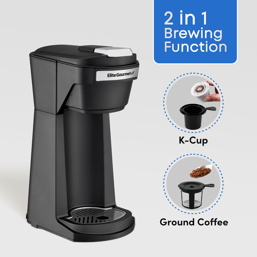 2 in 1 Brewing Function. K-Cup, Ground Coffee.