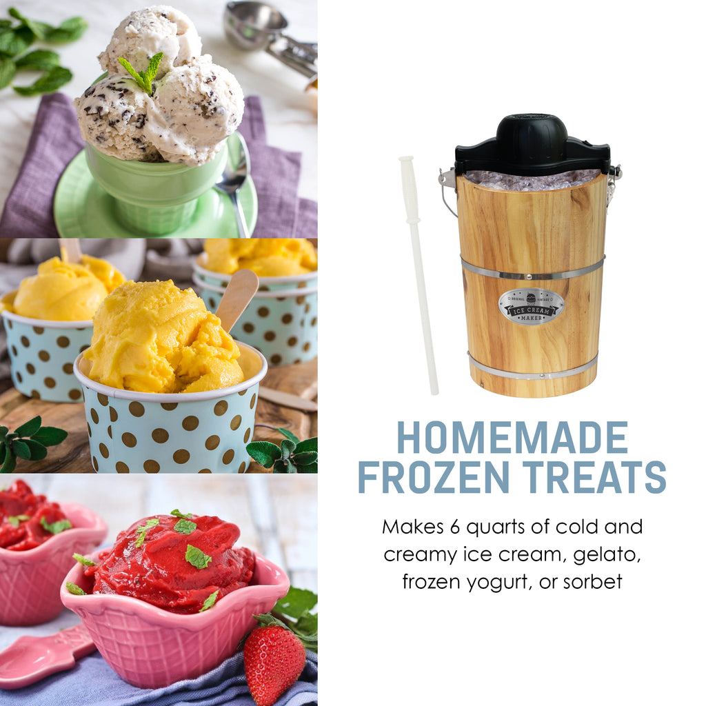Various ice cream flavors.  Homemade frozen treats.  Makes 6 quarts of cold and creamy ice cream, gelato, frozen yogurt or sorbet.