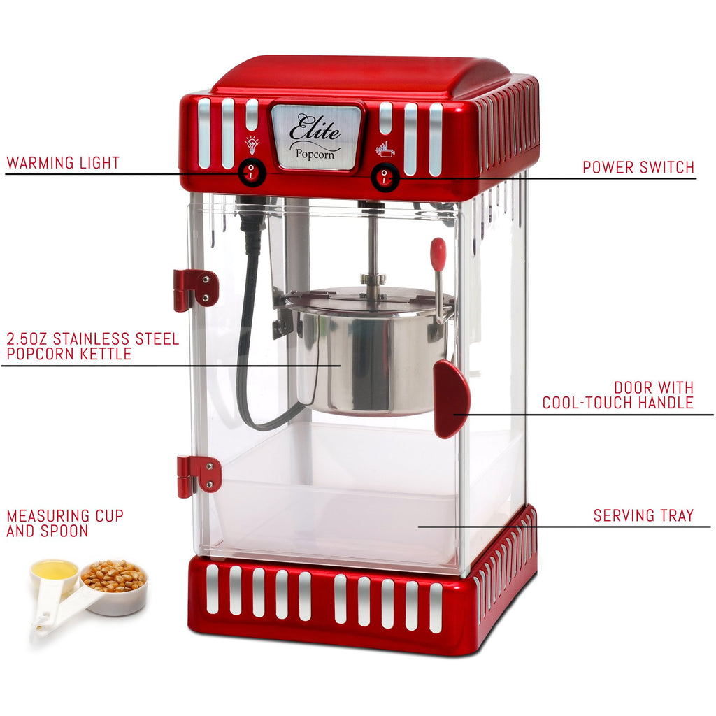 2.5 oz classic carnival tabletop kettle popcorn popper machine with Warming Light, Power Switch, 2.5oz stainless steel popcorn kettle, measuring cup & spoon, door with cool-touch handle, and serving tray.