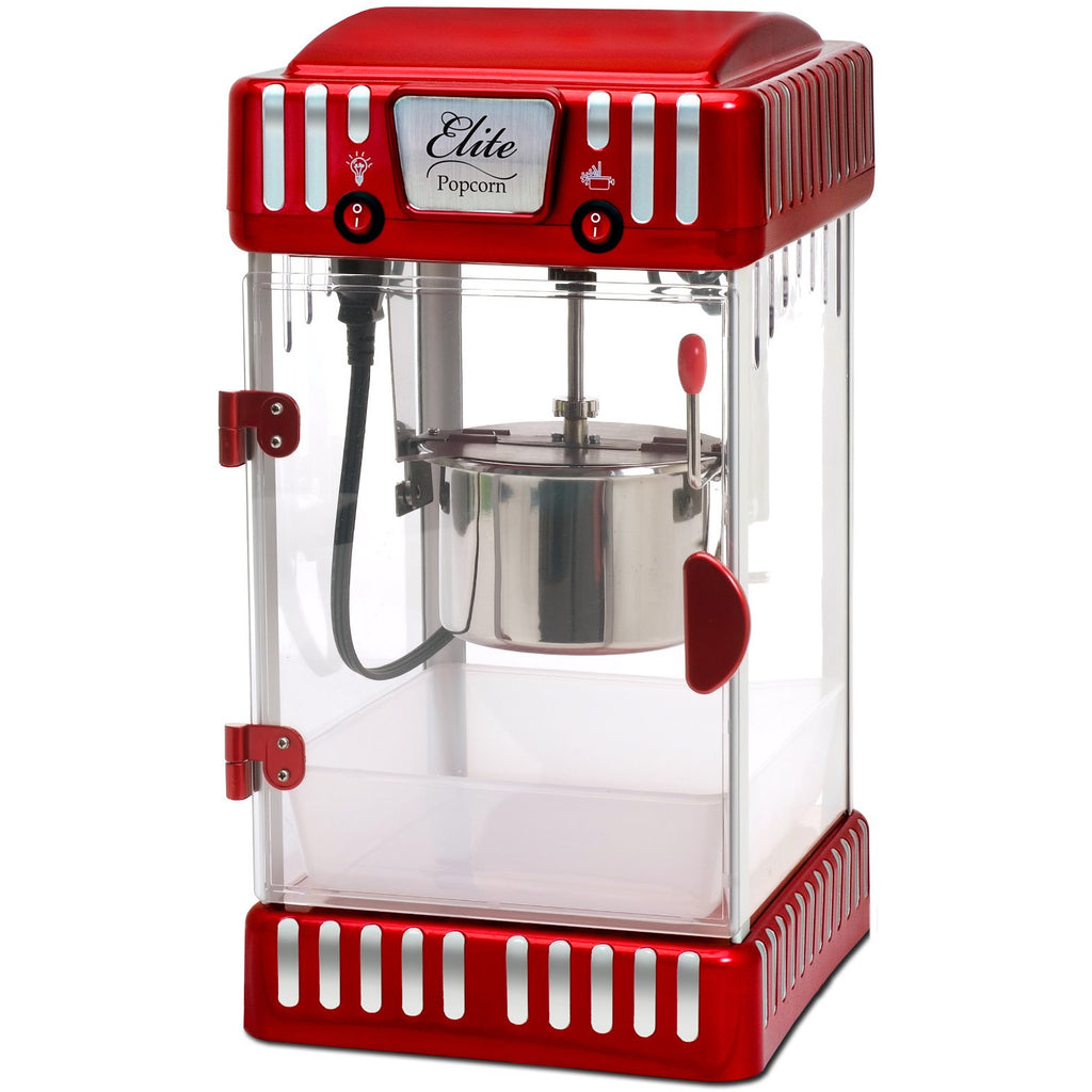 2.5 oz classic carnival tabletop kettle popcorn popper machine, retro style.