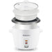 Parts & accessories displayed separately.  Glass lid, steamer basket, rice pot, main rice cooker.