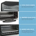 1) Cool-touch handle easily open and close the oven door when the oven is in use. 2) Tempered glass door. Clear, transparent, shatter-proof door to view the food inside. 3) Baking pan & rack. Includes convenient baking pan and grilling rack for cooking or toasting a variety of foods.
