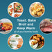 Various food images.  Toast, Bake, Broil and Keep Warm all of your favorite foods.