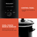 CONTROL PANEL • Low, High, Warm temperature settings. COOL-TOUCH KNOB & HANDLES prevent burning your hands while transporting the slow cooker. Showing Elite Gourmet Electric Slow Cooker control panel and cool touch handles.