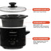 TEMPERED GLASS LID With Cool-Touch Knob. STONEWARE POT Removable 2 Qt. Dishwaher-safe stoneware insert pot for easy cleaning. SLOW COOKER BASE with temperature control knob and cool-touch handles. Showing Elite Gourmet Electric Slow Cooker parts.